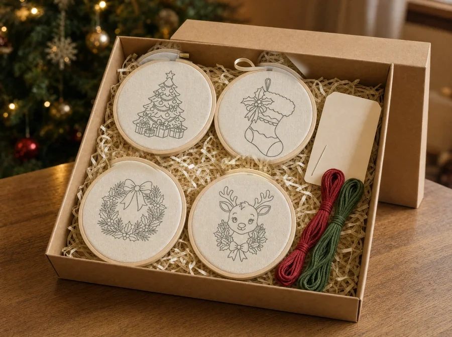 Caixa kraft aberta com quatro bordados de Natal em bastidores de 8 cm de diâmetro, papel picado, linhas, agulha e cartão, diante de uma árvore de Natal