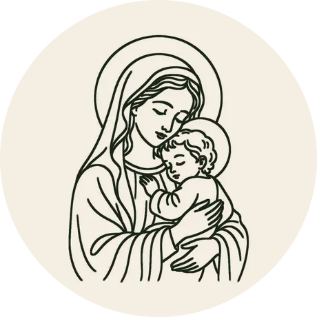 Risco 003, Nossa Senhora com o Menino Jesus, em traço de contorno para bordar no bastidor de 8 cm de diâmetro