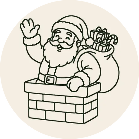 Risco 031, Papai Noel na chaminé, em traço de contorno para bordar no bastidor de 8 cm de diâmetro