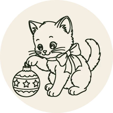 Risco 047, Gatinho na bola de Natal, em traço de contorno para bordar no bastidor de 8 cm de diâmetro